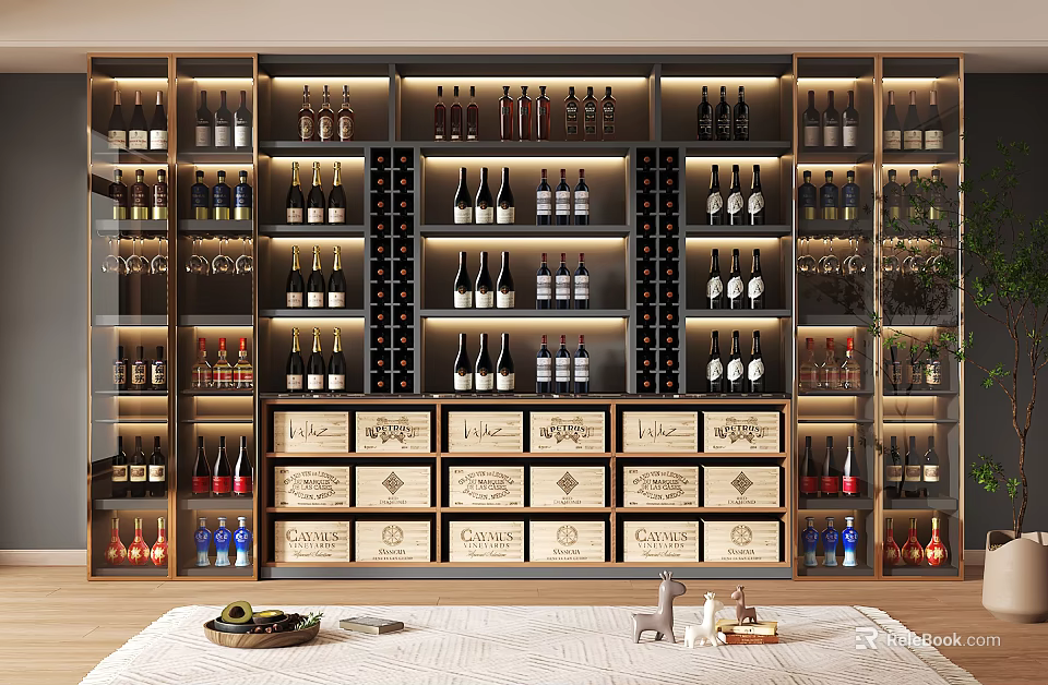 Elegant Modern Wine Cabinet Interior With Lighting Shelves Bottles And Wooden Crates 3d model 
