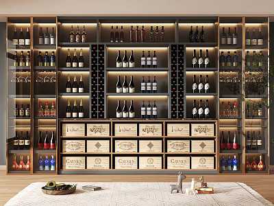 Elegant Modern Wine Cabinet Interior With Lighting Shelves Bottles And Wooden Crates 3d model