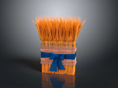 Golden Wheat Bunch Tied in Bamboo Box With Blue Ribbon Decoration 3d model