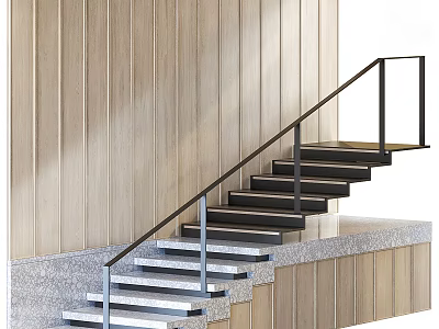 Modern Staircase Design With Wooden Wall Black Metal Handrail And Marble Steps 3d model