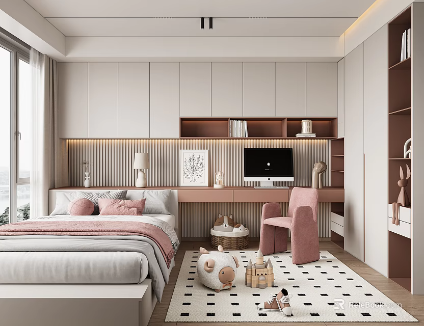 Modern Minimalist Tatami Bedroom Interior Design With Pink Pillows Desk Computer Pink Chair And Rug 3d model 