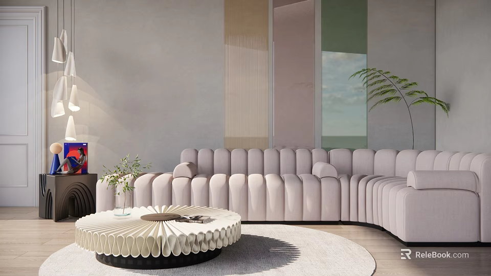 Modern Curved Multi Seater Sofa In Light Colored Velvet With Round Coffee Table 3d model 