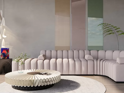 Modern Curved Multi Seater Sofa In Light Colored Velvet With Round Coffee Table 3d model