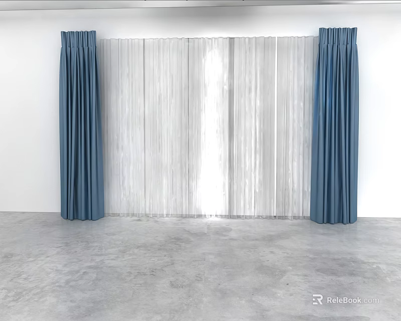 Blue Thick Curtains With White Sheer Panels In Modern Interior 3d model