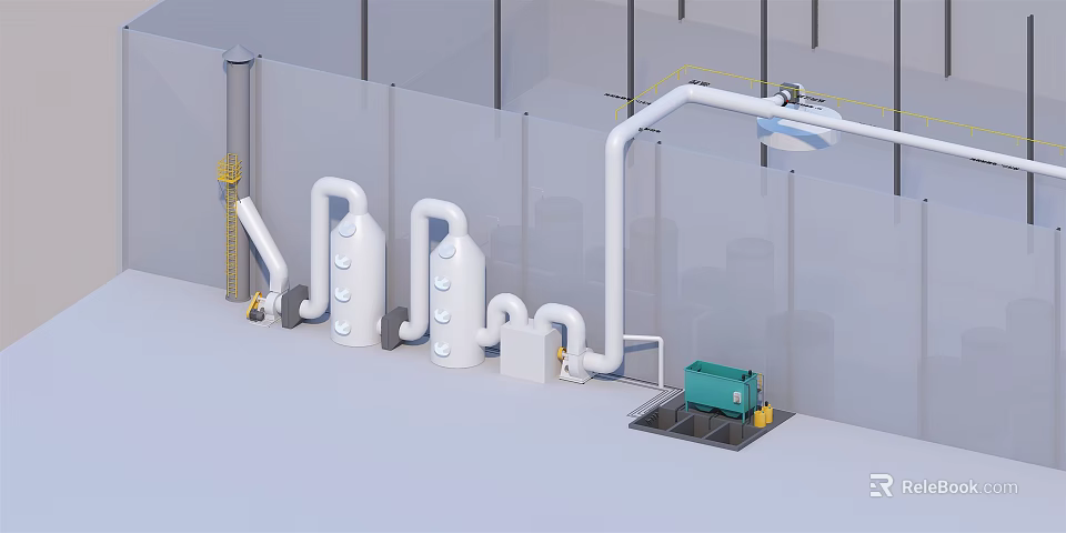 Industrial Equipment Setup Featuring White Pipes And Green Processing Machine 3d model 