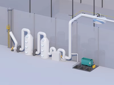 Industrial Equipment Setup Featuring White Pipes And Green Processing Machine 3d model