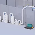 Industrial Equipment Setup Featuring White Pipes And Green Processing Machine