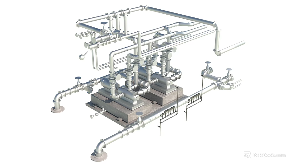Industrial Pipeline Equipment System With Valves Connectors And Structural Components 3d model 