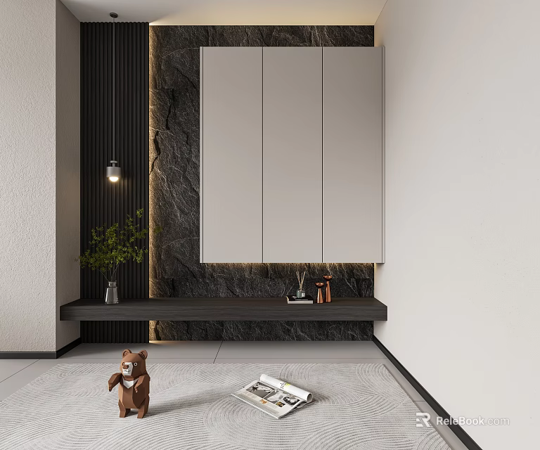 Modern Entryway Cabinet And Side Cabinet With Black Finish And Marble Wall Decor 3d model 