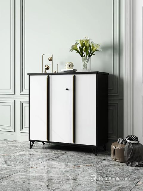 Sleek Black White Modern Entryway Console Cabinet with Decorative Vase Green Plants Books and Ornaments 3d model 