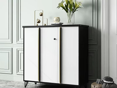Sleek Black White Modern Entryway Console Cabinet with Decorative Vase Green Plants Books and Ornaments 3d model