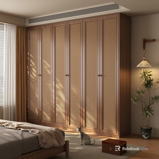Natural Modern Wardrobe With Slatted Door Panels In Bedroom Interior With Curtains Lamp And Plant 3d model 