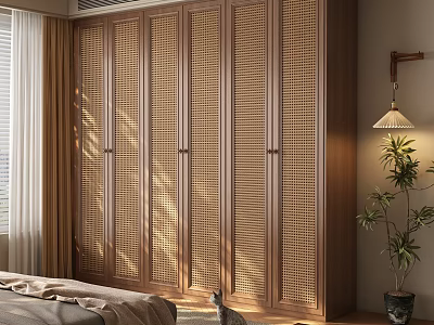 Natural Modern Wardrobe With Slatted Door Panels In Bedroom Interior With Curtains Lamp And Plant 3d model