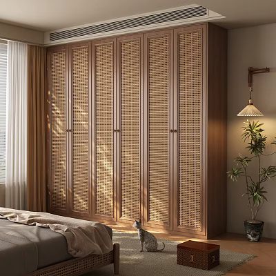 Natural Modern Wardrobe With Slatted Door Panels In Bedroom Interior With Curtains Lamp And Plant 3d model