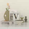 Stylish Decorative Ornament Set with Green Vase Pink White Tulips Books Candle Holder and Bowl