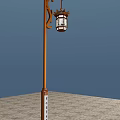 Chinese Style Outdoor Lantern Light With Brown Pole And Decorative Patterned Shade 3d model