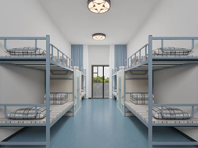 Neat Dormitory Interior With Bunk Beds And Blue Floor 3d model