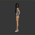 Woman With Colorful Bikini Arm Sleeves Long Black Hair And High Heels On Grey Background