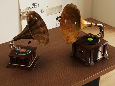 Vintage Gramophones Display On Wooden Table With Classic Horn And Vinyl Records 3d model