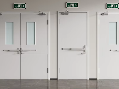 White Safety Exit Doors With Green Signs And Glass Panels And Metal Handles 3d model