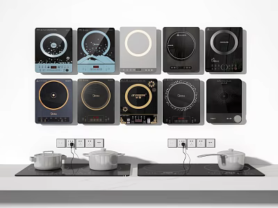 Modern Kitchen Appliances Various Design Induction Cooktops With Control Panels And Cookware In Use 3d model