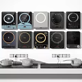 Modern Kitchen Appliances Various Design Induction Cooktops With Control Panels And Cookware In Use