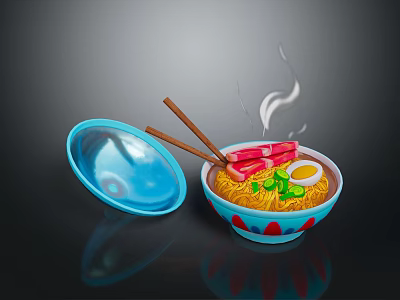 Blue Bowl With Red Animal Patterns Holding Hot Ramen And Fresh Toppings 3d model