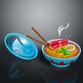 Blue Bowl With Red Animal Patterns Holding Hot Ramen And Fresh Toppings