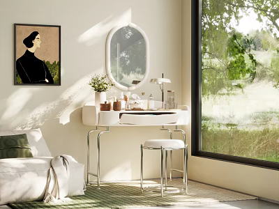 Elegant Dressing Table With Oval Mirror Cosmetics Potted Plant And Stool By Window With Greenery 3d model