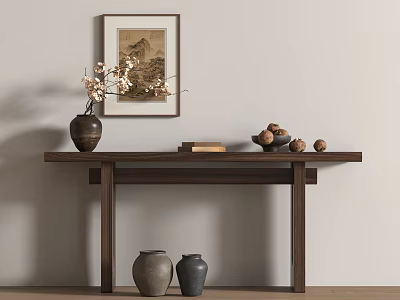 Chinese Style Wooden Console Table With Vase Books Fruit Bowl And Wall Painting 3d model