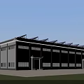 Modern Industrial Factory Building With White Exterior Large Windows Red Doors And Solar Roof Panels
