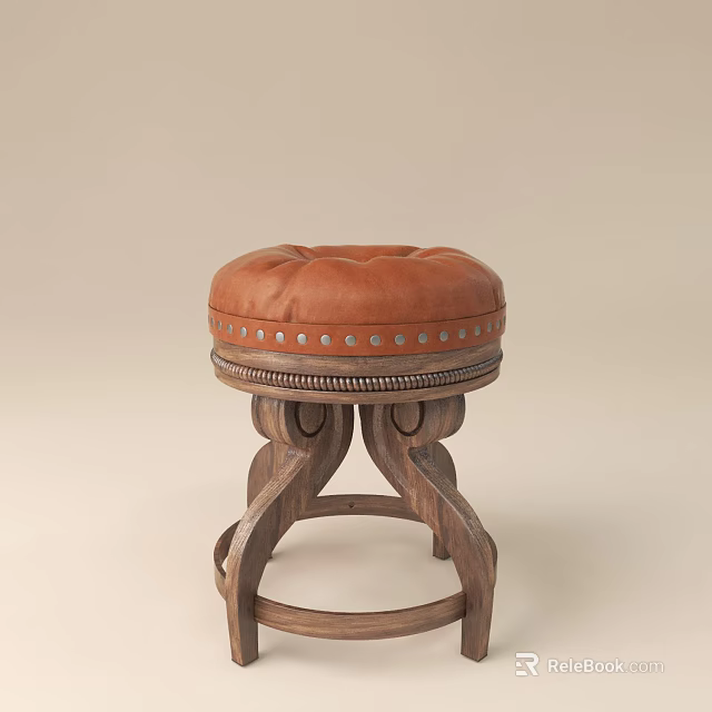 Vintage Wooden Stool With Brown Leather Seat Rivet Detailing And Carved Legs 3d model 
