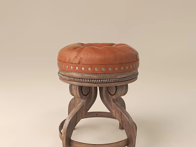Vintage Wooden Stool With Brown Leather Seat Rivet Detailing And Carved Legs 3d model