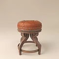 Vintage Wooden Stool With Brown Leather Seat Rivet Detailing And Carved Legs