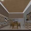 Modern School Interior With Wooden Ceiling Bookshelves And Tables Chairs
