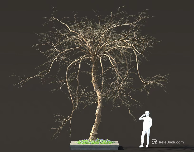 Leafless Tree with White Figure Standing Near Green Grass Base 3d model 