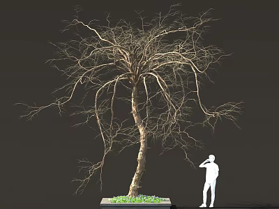 Leafless Tree with White Figure Standing Near Green Grass Base 3d model