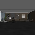 Modern Office Interior With Open Layout Desk Sofa Bookshelves Green Plant Artwork And Gray Carpet