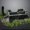 Abandoned Building Ruins With Broken Walls Peeling Paint Tree Stump And Green Plants