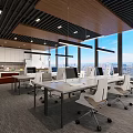 Modern Public Office Space With Large Windows City View Workstations Office Chairs And Computers 3d model