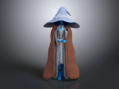 Game Movie Character Wizard Standing Pose With Large Embroidered Hat Brown Cloak And Blue Body 3d model
