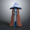 Game Movie Character Wizard Standing Pose With Large Embroidered Hat Brown Cloak And Blue Body