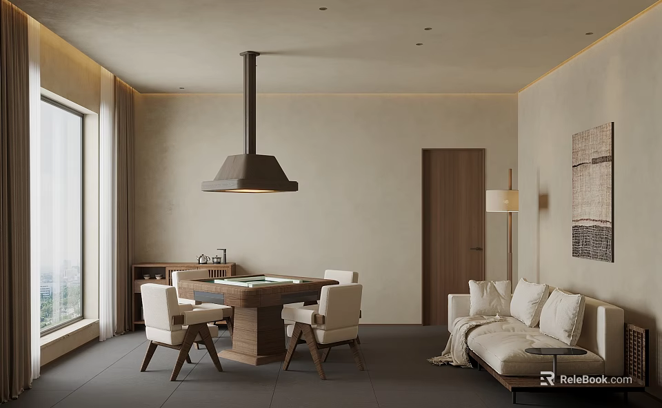 Modern Living Dining Interior With Wooden Table Chairs Pendant Light Sofa Cushions And Large Window 3d model 