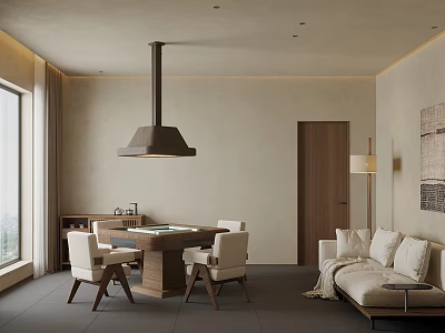 Modern Living Dining Interior With Wooden Table Chairs Pendant Light Sofa Cushions And Large Window 3d model