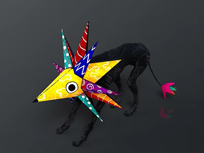 Black Dog With Colorful Paper Art Decorations And Vibrant Spiky Elements 3d model