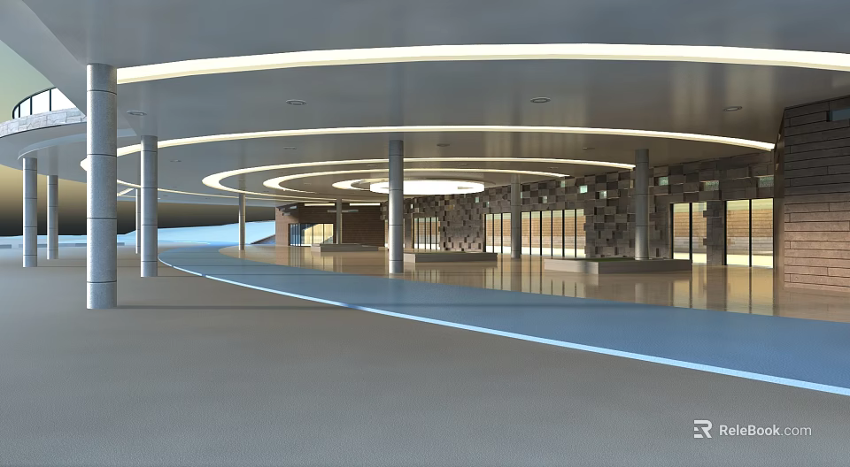 Modern Architectural Interior With Circular Ceiling Lights Columns And Large Windows 3d model 