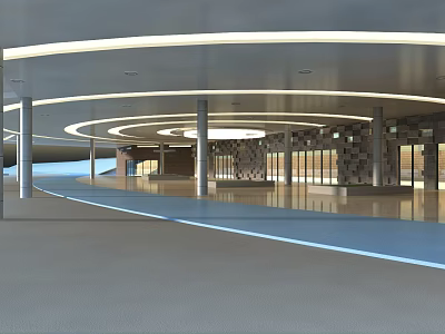 Modern Architectural Interior With Circular Ceiling Lights Columns And Large Windows 3d model