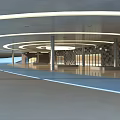 Modern Architectural Interior With Circular Ceiling Lights Columns And Large Windows