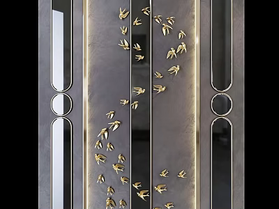 Elegant Bed Background Wall With Gold Bird Decor And Metallic Stripes Design Elements 3d model