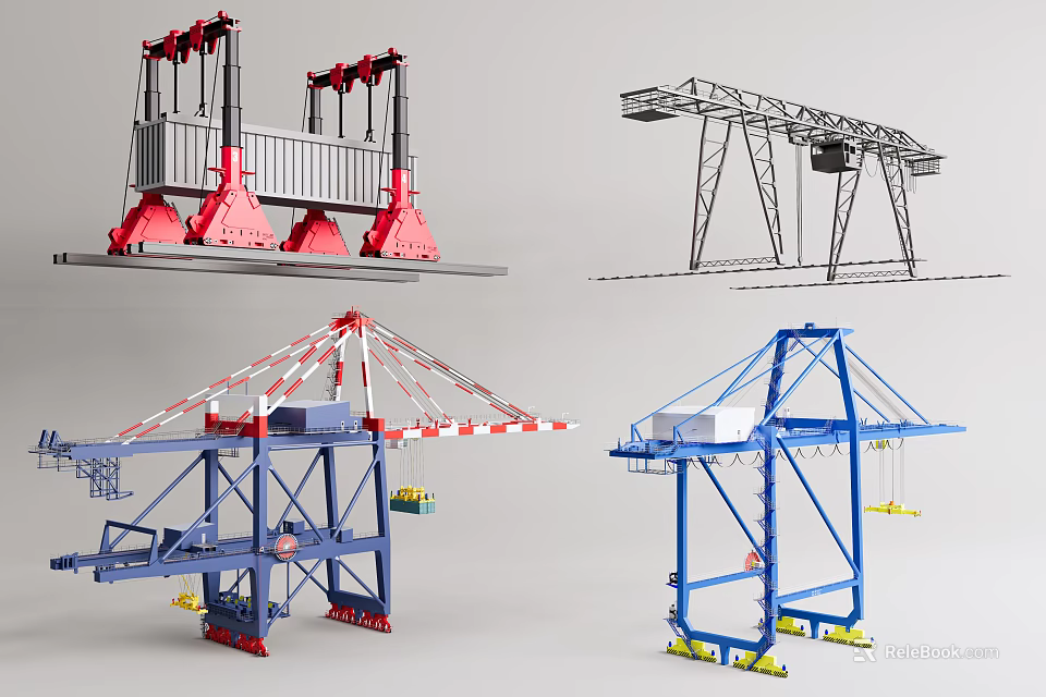 Public Facility Gantry Harbor Cranes with Metal Frame Red Blue Structures for Industrial Loading 3d model